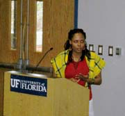 2012 Del Jones Memorial Award Winner Camee Maddox speaking at a lectern